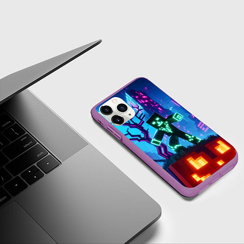 Чехол iPhone 11 Pro матовый Minecraft and halloween - neon glow / 3D-Фиолетовый – фото 3