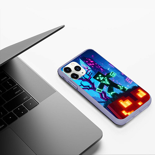 Чехол iPhone 11 Pro матовый Minecraft and halloween - neon glow / 3D-Светло-сиреневый – фото 3