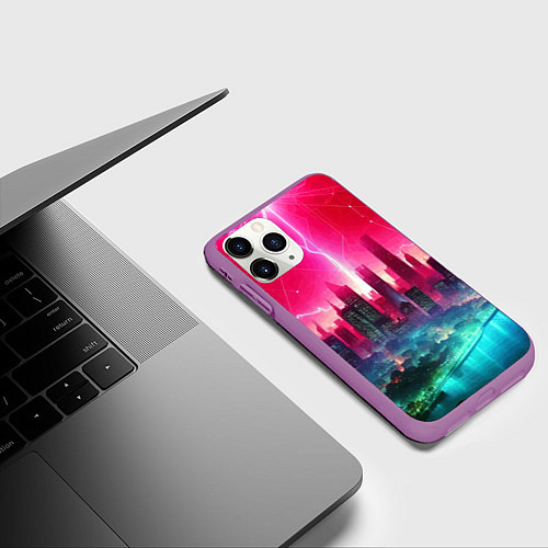 Чехол iPhone 11 Pro матовый Неоновая гроза в мегаполисе - удар молнии / 3D-Фиолетовый – фото 3