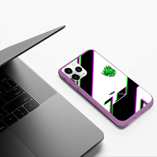 Чехол iPhone 11 Pro матовый Cyberpunk logo geometry / 3D-Фиолетовый – фото 3