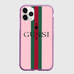 Чехол iPhone 11 Pro матовый Гусси - зелено-красная полоса на розовом фоне, цвет: 3D-фиолетовый