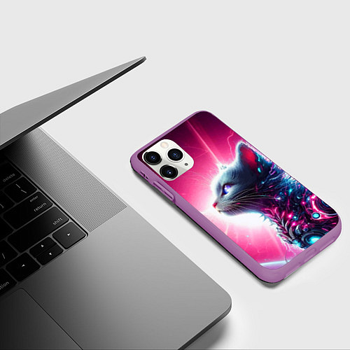 Чехол iPhone 11 Pro матовый Космический кибер котёнок - неоновое свечение / 3D-Фиолетовый – фото 3