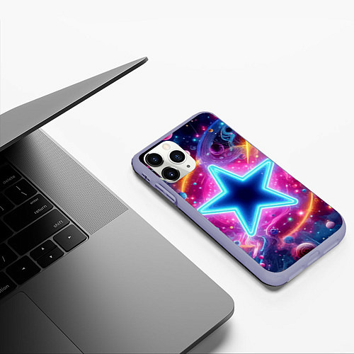 Чехол iPhone 11 Pro матовый Звезда в неоновом космосе - нейроарт / 3D-Светло-сиреневый – фото 3