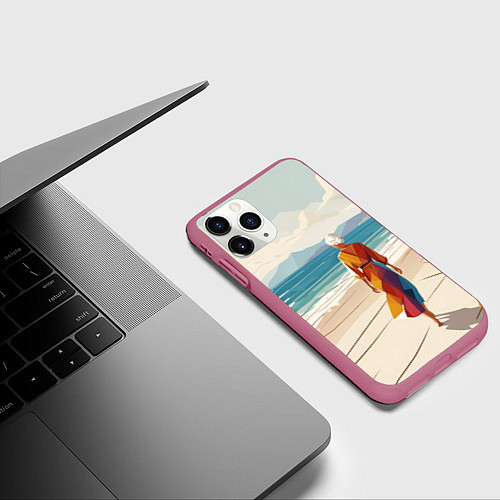 Чехол iPhone 11 Pro матовый Летний пейзаж с женщиной на пляже / 3D-Малиновый – фото 3