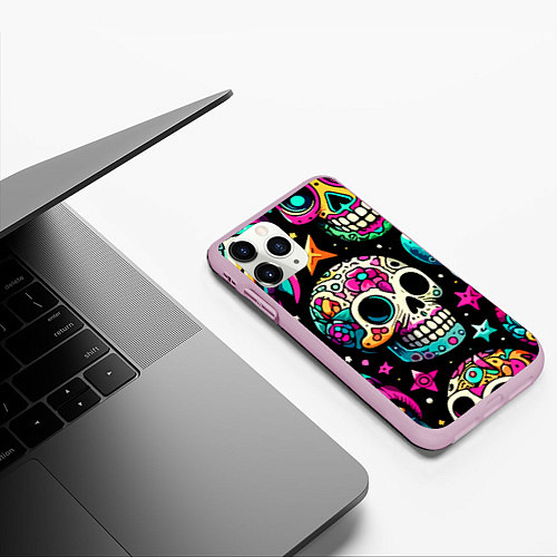 Чехол iPhone 11 Pro матовый Space collage with skulls and rockets - ai art / 3D-Розовый – фото 3