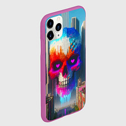 Чехол iPhone 11 Pro матовый Цветной череп в мегаполисе - нейроарт, цвет: 3D-фиолетовый — фото 2