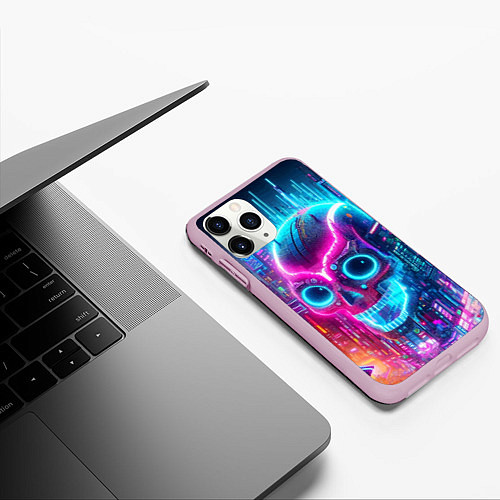 Чехол iPhone 11 Pro матовый Neon skull in metropolis - future / 3D-Розовый – фото 3