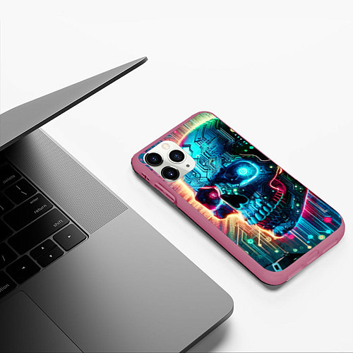 Чехол iPhone 11 Pro матовый Cool cyber skull - neon glow / 3D-Малиновый – фото 3