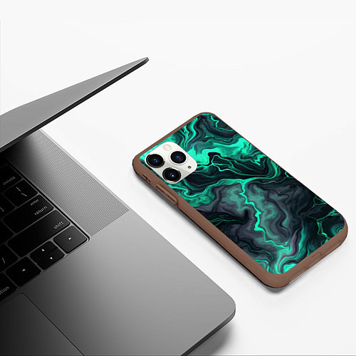 Чехол iPhone 11 Pro матовый Бирюзовый мрамор на черном фоне / 3D-Коричневый – фото 3