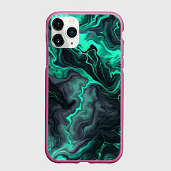Чехол iPhone 11 Pro матовый Бирюзовый мрамор на черном фоне, цвет: 3D-малиновый