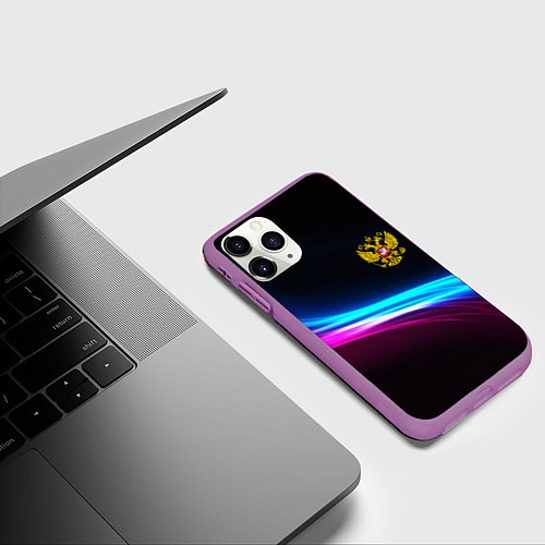 Чехол iPhone 11 Pro матовый Россия неоновые волны / 3D-Фиолетовый – фото 3