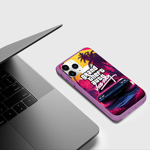 Чехол iPhone 11 Pro матовый Grand Theft Auto VI - автомобиль на закате / 3D-Фиолетовый – фото 3
