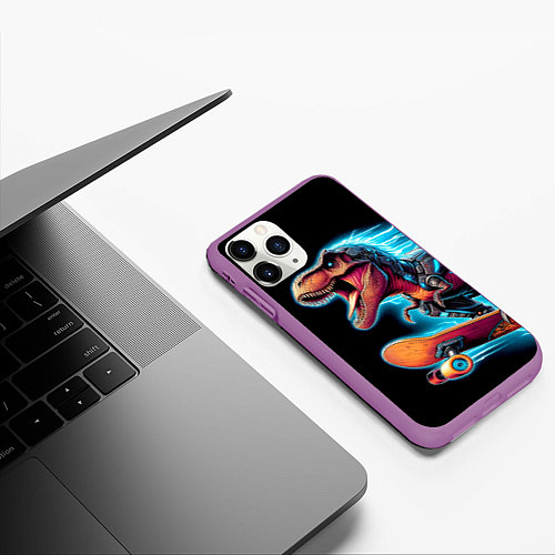 Чехол iPhone 11 Pro матовый Cool Dino on a skateboard - neon glow fantasy / 3D-Фиолетовый – фото 3