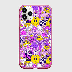 Чехол iPhone 11 Pro матовый Психоделические существа триппи смайлики, цвет: 3D-малиновый