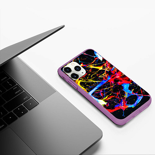 Чехол iPhone 11 Pro матовый Неоновые брызги красок / 3D-Фиолетовый – фото 3