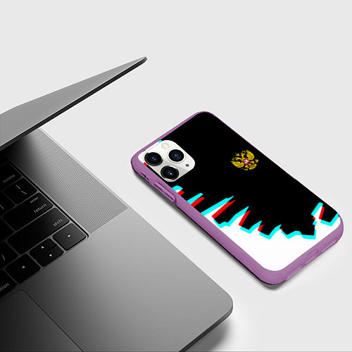 Чехол iPhone 11 Pro матовый Герб текстура глитч / 3D-Фиолетовый – фото 3