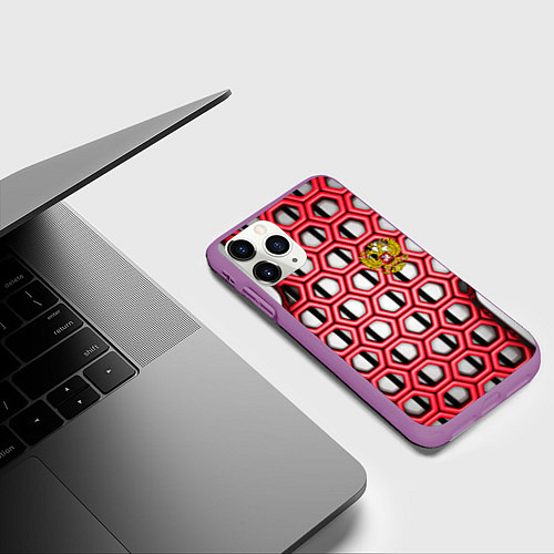 Чехол iPhone 11 Pro матовый Россия герб сетка метала / 3D-Фиолетовый – фото 3