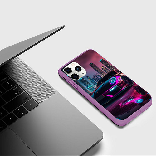 Чехол iPhone 11 Pro матовый Porshe night city / 3D-Фиолетовый – фото 3