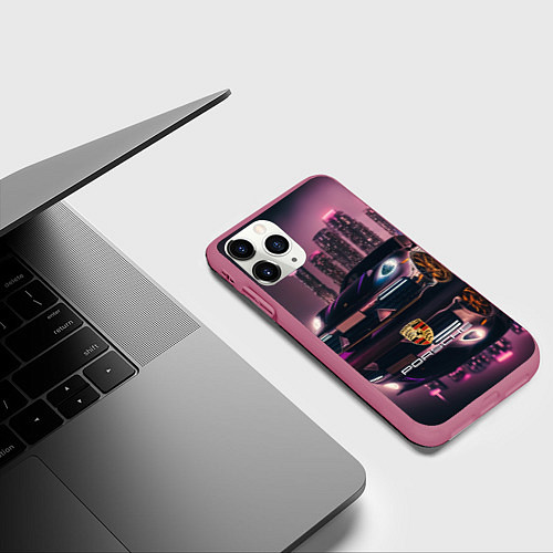 Чехол iPhone 11 Pro матовый Porshe night city / 3D-Малиновый – фото 3