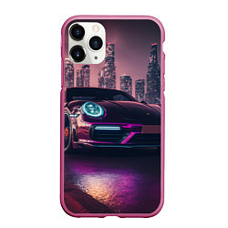 Чехол iPhone 11 Pro матовый Porshe ночной город, цвет: 3D-малиновый