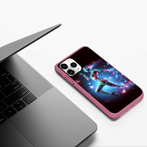 Чехол iPhone 11 Pro матовый Cyber girl and butterflies - neon glow fantasy / 3D-Малиновый – фото 3