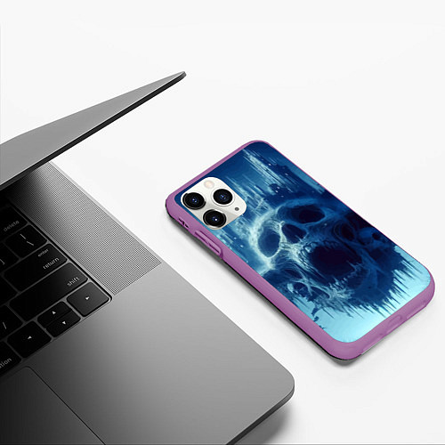 Чехол iPhone 11 Pro матовый Фантастический череп и сказочный город под луной / 3D-Фиолетовый – фото 3