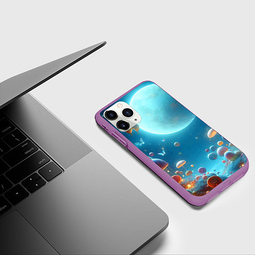 Чехол iPhone 11 Pro матовый Сказочные грибы и бабочки под луной - фантазия / 3D-Фиолетовый – фото 3
