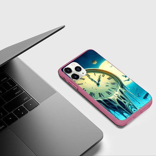 Чехол iPhone 11 Pro матовый Часы в сказочном лесу под луной - фантазия / 3D-Малиновый – фото 3