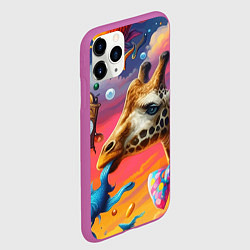 Чехол iPhone 11 Pro матовый Жираф в бабочке держит во рту рыбу - сюрреализм, цвет: 3D-фиолетовый — фото 2