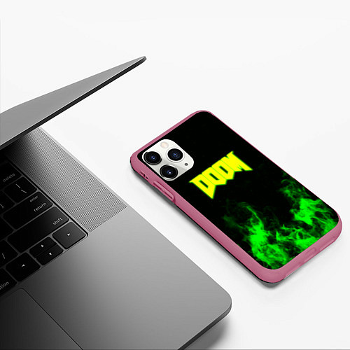 Чехол iPhone 11 Pro матовый Doom кислотное лого огонь / 3D-Малиновый – фото 3