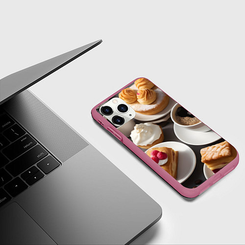Чехол iPhone 11 Pro матовый Кофе и пирожные / 3D-Малиновый – фото 3