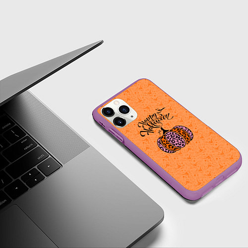 Чехол iPhone 11 Pro матовый Halloween - тыква леопардовая / 3D-Фиолетовый – фото 3
