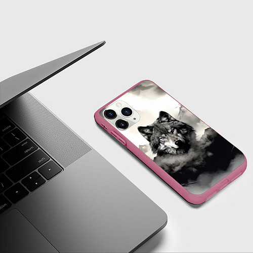 Чехол iPhone 11 Pro матовый Голова серого волка / 3D-Малиновый – фото 3