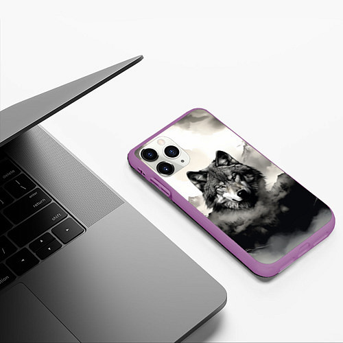 Чехол iPhone 11 Pro матовый Голова серого волка / 3D-Фиолетовый – фото 3