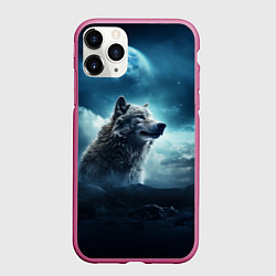 Чехол iPhone 11 Pro матовый Волк ночью под луной, цвет: 3D-малиновый