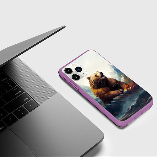 Чехол iPhone 11 Pro матовый Агрессивный бурый медведь / 3D-Фиолетовый – фото 3