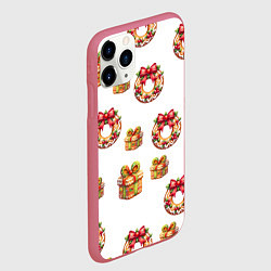 Чехол iPhone 11 Pro матовый Много новогодних пончиков и подарков с бантиком и, цвет: 3D-малиновый — фото 2