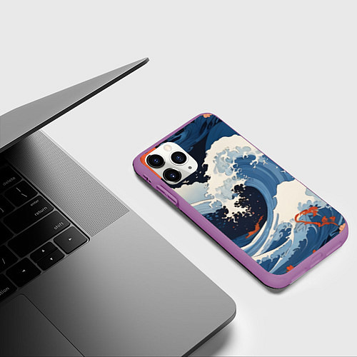 Чехол iPhone 11 Pro матовый Япония волны алые цветы / 3D-Фиолетовый – фото 3