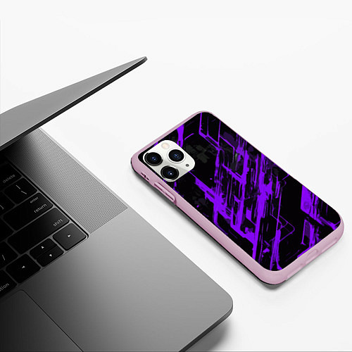 Чехол iPhone 11 Pro матовый Purple stripes on a black background / 3D-Розовый – фото 3