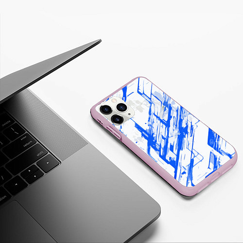 Чехол iPhone 11 Pro матовый Синие полосы на белом фоне / 3D-Розовый – фото 3