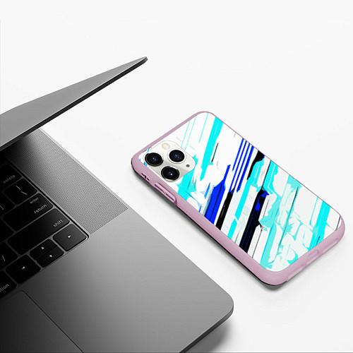 Чехол iPhone 11 Pro матовый Чёрно-сине-голубые полосы на белом фоне / 3D-Розовый – фото 3