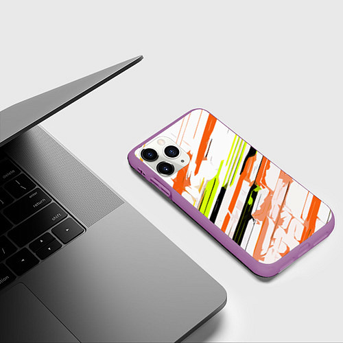 Чехол iPhone 11 Pro матовый Оранжево-жёлто-чёрные полосы на белом фоне / 3D-Фиолетовый – фото 3