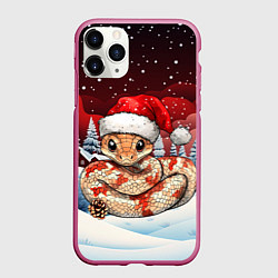 Чехол iPhone 11 Pro матовый Новогодняя змейка и снегопад, цвет: 3D-малиновый