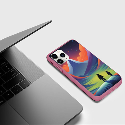 Чехол iPhone 11 Pro матовый Фантастический красочный пейзаж / 3D-Малиновый – фото 3