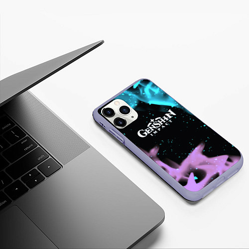 Чехол iPhone 11 Pro матовый Genshin Impact flame neon / 3D-Светло-сиреневый – фото 3