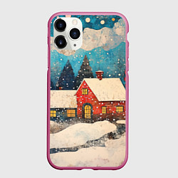Чехол iPhone 11 Pro матовый Два зимних домика, цвет: 3D-малиновый