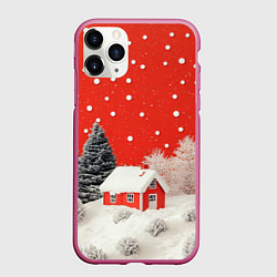 Чехол iPhone 11 Pro матовый Новогодний домик и красное небо, цвет: 3D-малиновый