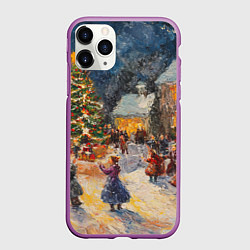 Чехол iPhone 11 Pro матовый Новогодняя ночь во дворе пейзаж, цвет: 3D-фиолетовый