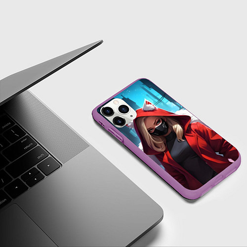 Чехол iPhone 11 Pro матовый Девушка кошка неоновый город / 3D-Фиолетовый – фото 3