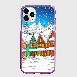 Чехол iPhone 11 Pro матовый Яркий рисованный снежный городок, цвет: 3D-фиолетовый